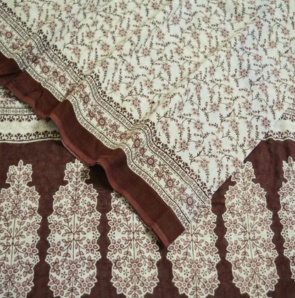 Indian Vintage Sari White & Brown 100% Pure Cotton Printed Saree  Craft Fabric 5Yd Soft Sewing Sarong Wrap Boho Floral Quilting Crafting