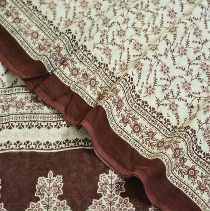 Indian Vintage Sari White & Brown 100% Pure Cotton Printed Saree  Craft Fabric 5Yd Soft Sewing Sarong Wrap Boho Floral Quilting Crafting