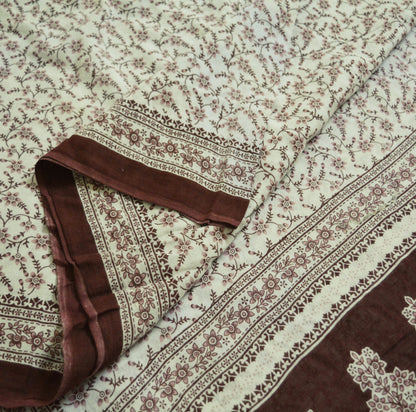Indian Vintage Sari White & Brown 100% Pure Cotton Printed Saree  Craft Fabric 5Yd Soft Sewing Sarong Wrap Boho Floral Quilting Crafting