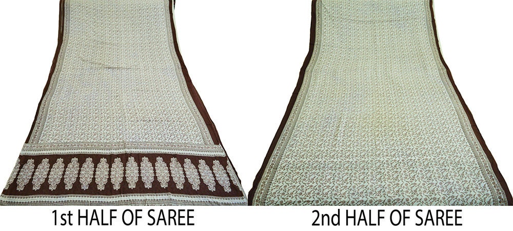 Indian Vintage Sari White & Brown 100% Pure Cotton Printed Saree  Craft Fabric 5Yd Soft Sewing Sarong Wrap Boho Floral Quilting Crafting