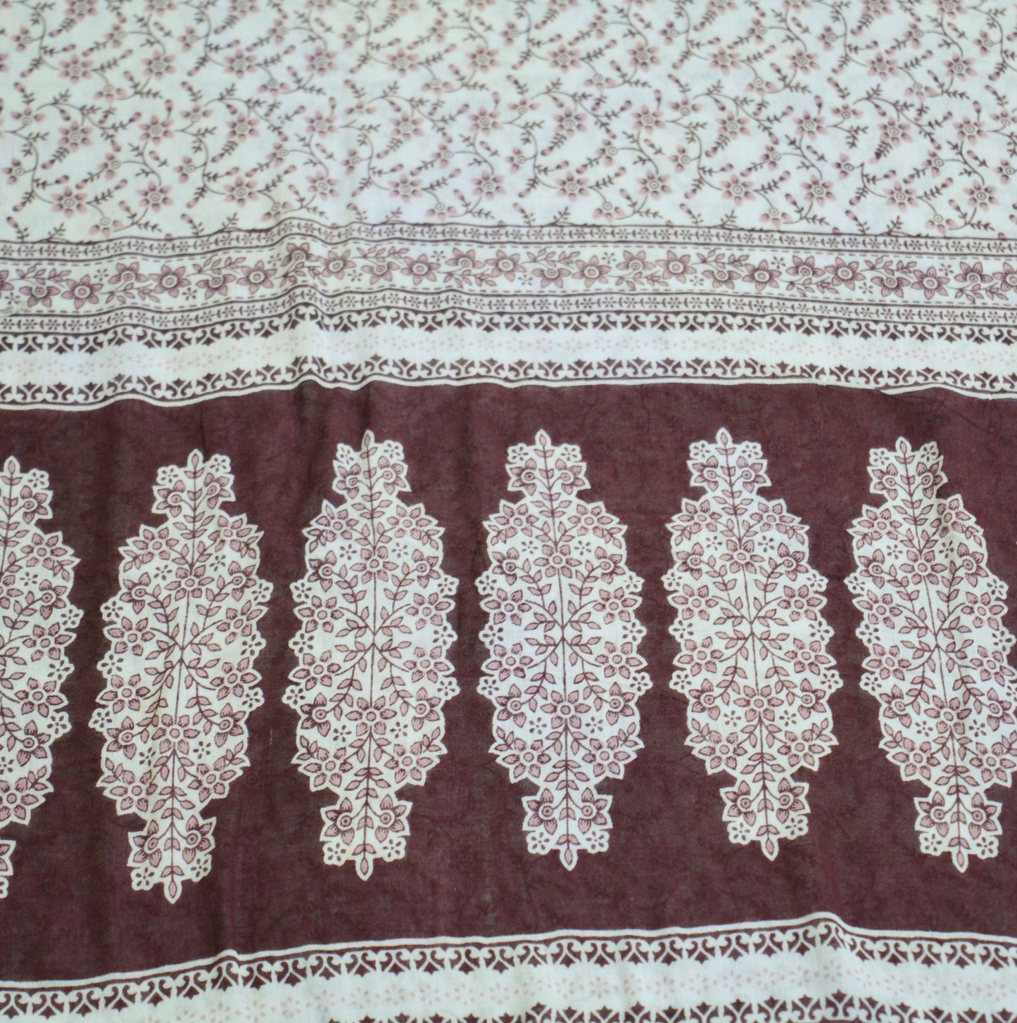 Indian Vintage Sari White & Brown 100% Pure Cotton Printed Saree  Craft Fabric 5Yd Soft Sewing Sarong Wrap Boho Floral Quilting Crafting