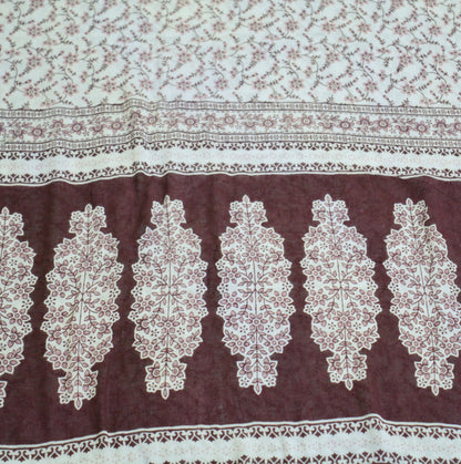 Indian Vintage Sari White & Brown 100% Pure Cotton Printed Saree  Craft Fabric 5Yd Soft Sewing Sarong Wrap Boho Floral Quilting Crafting