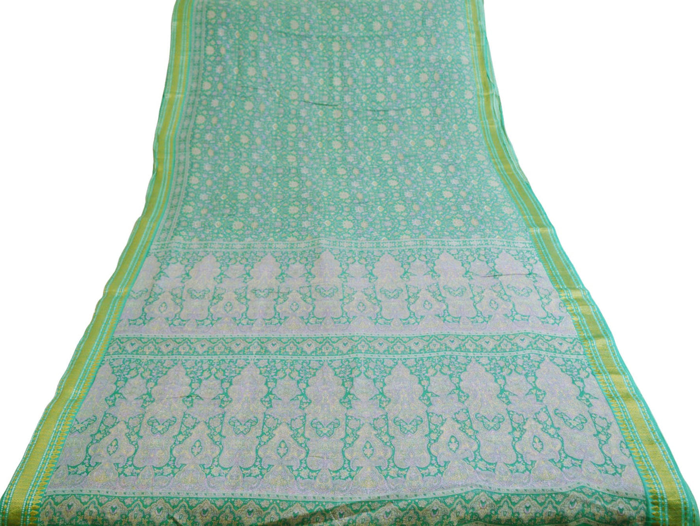 Indian Vintage Sari Green Printed Pure Cotton Saree Fabric Soft Paisley 5Yd Sarong Wrap Boho Fabric Kimono