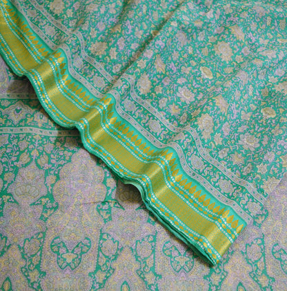 Indian Vintage Sari Green Printed Pure Cotton Saree Fabric Soft Paisley 5Yd Sarong Wrap Boho Fabric Kimono