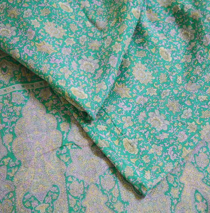 Indian Vintage Sari Green Printed Pure Cotton Saree Fabric Soft Paisley 5Yd Sarong Wrap Boho Fabric Kimono