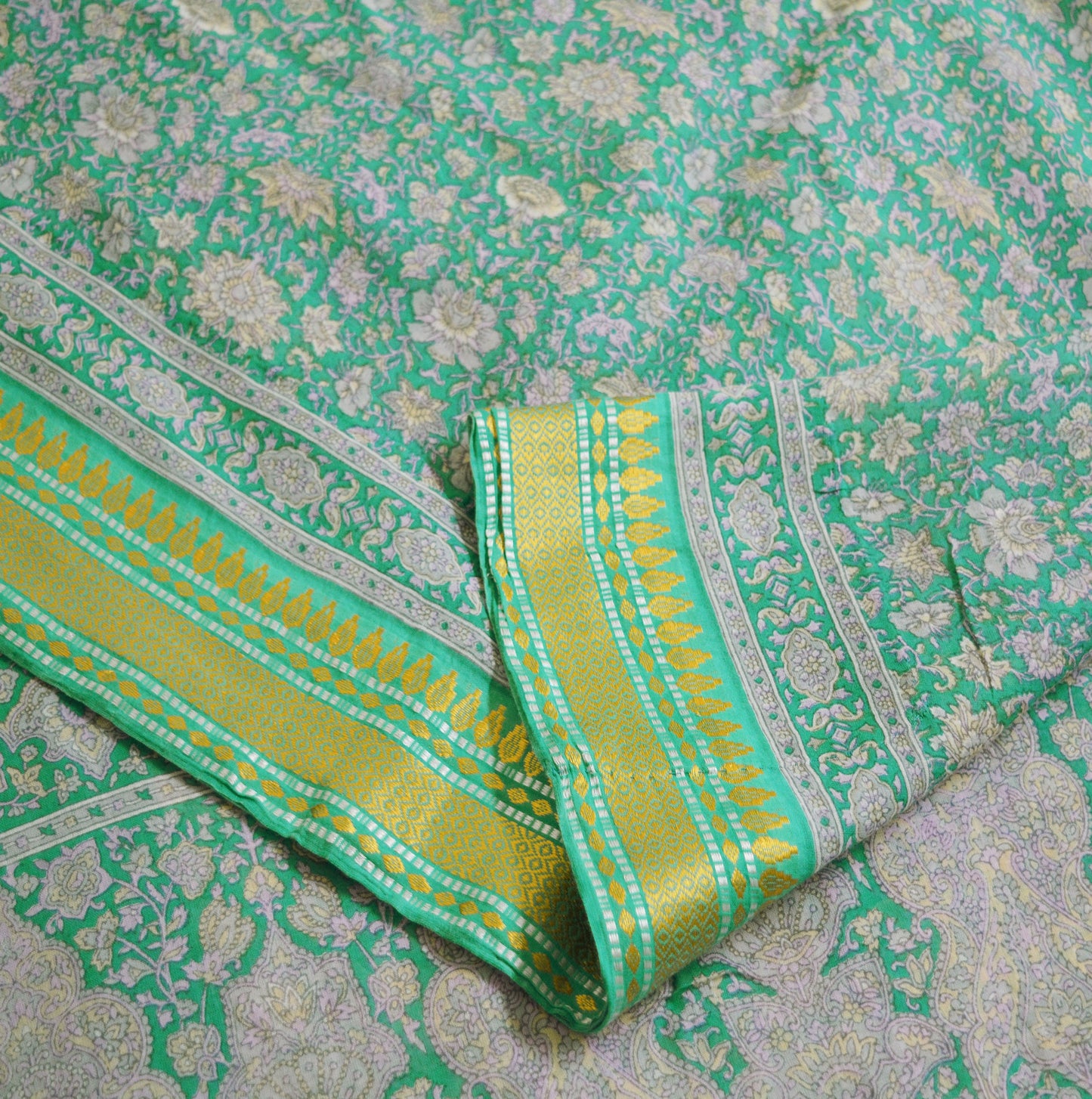 Indian Vintage Sari Green Printed Pure Cotton Saree Fabric Soft Paisley 5Yd Sarong Wrap Boho Fabric Kimono