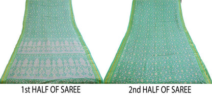 Indian Vintage Sari Green Printed Pure Cotton Saree Fabric Soft Paisley 5Yd Sarong Wrap Boho Fabric Kimono