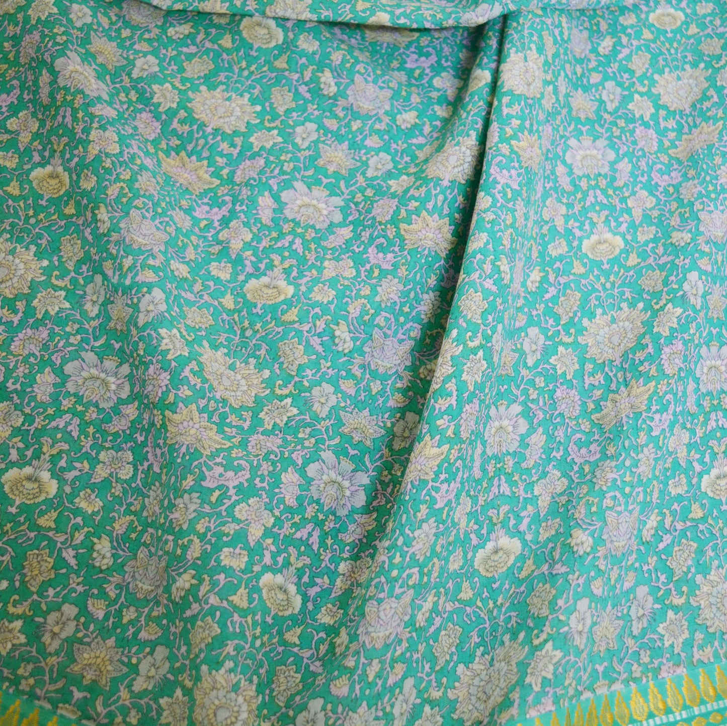 Indian Vintage Sari Green Printed Pure Cotton Saree Fabric Soft Paisley 5Yd Sarong Wrap Boho Fabric Kimono