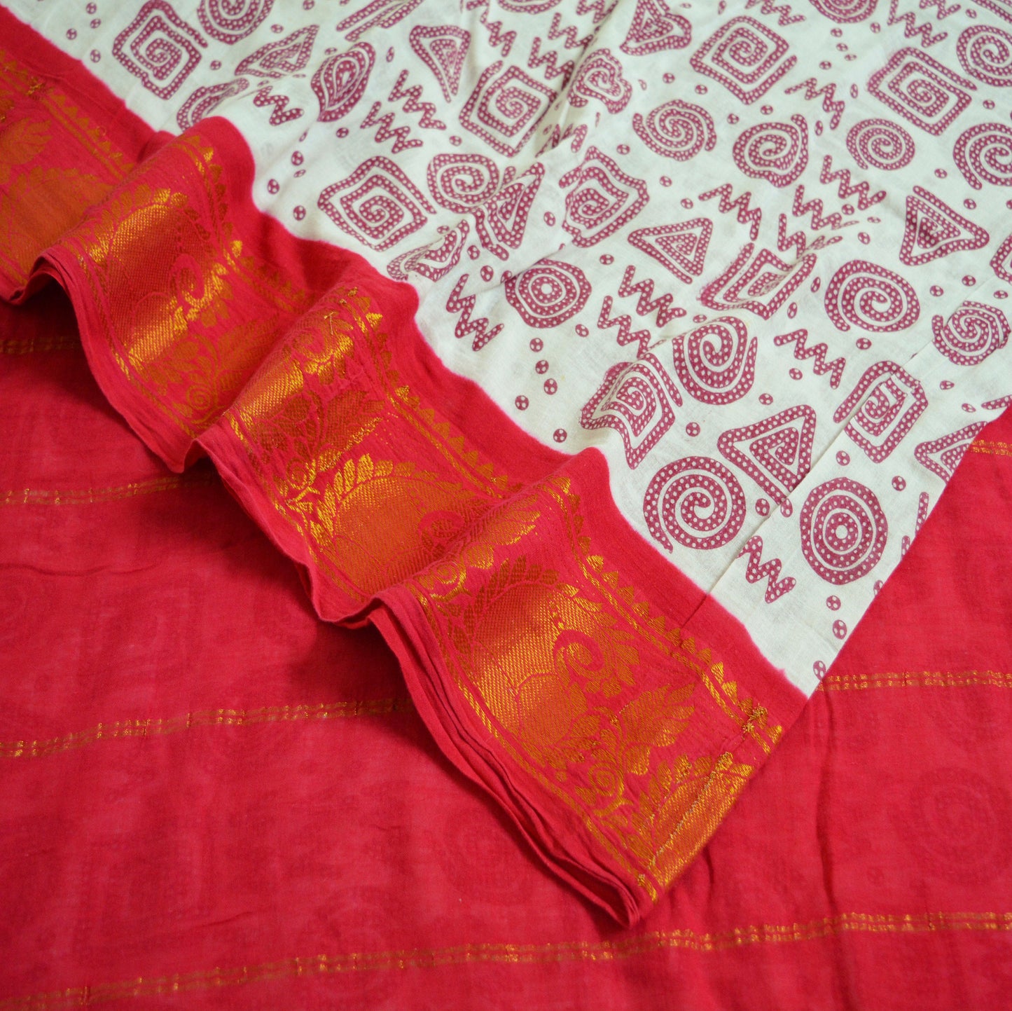 Indian Vintage Sari Red & White Printed 100% Pure Cotton Saree Craft Soft Fabric 5Yard Sewing Sarong Boho Geometric