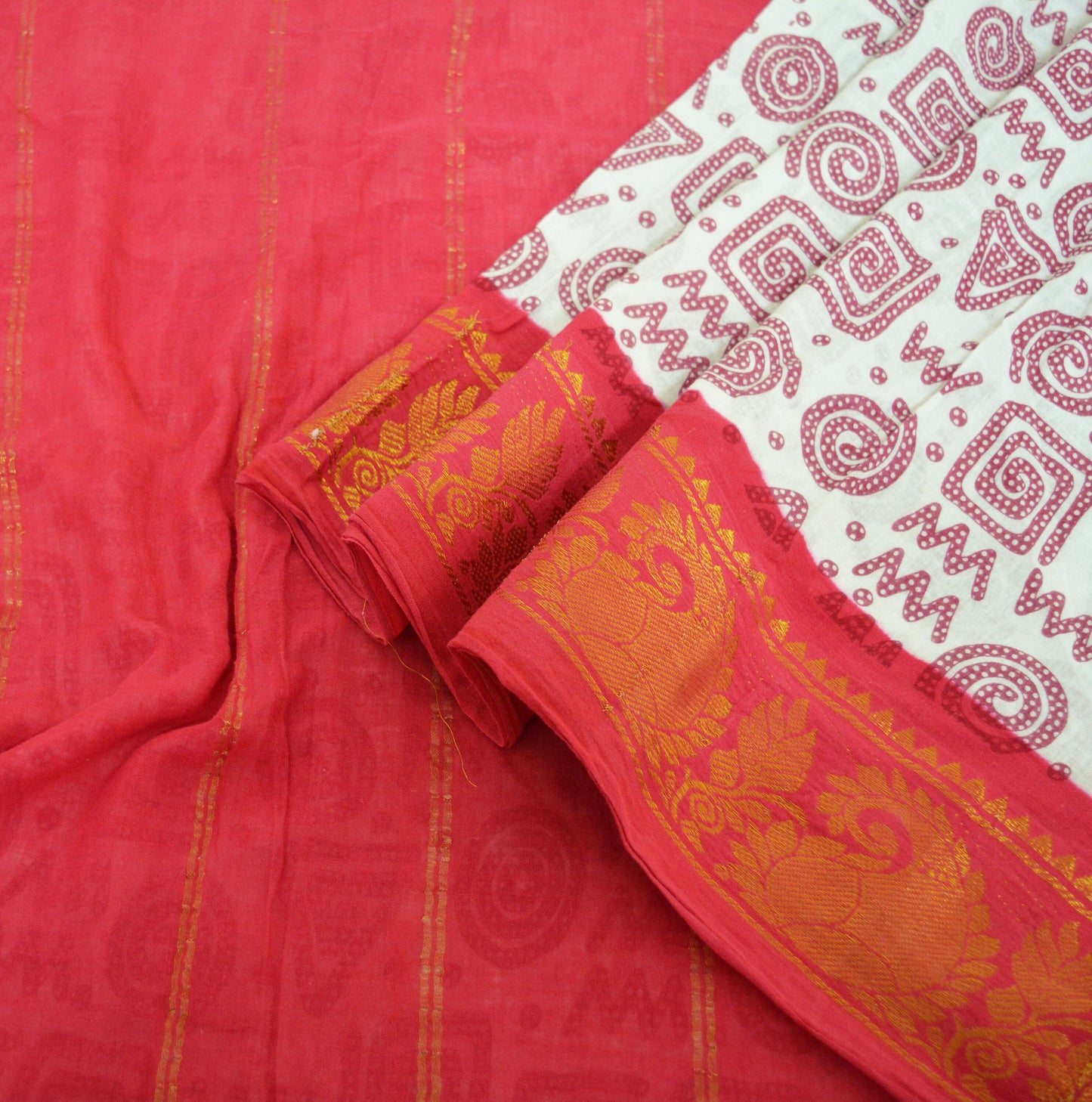 Indian Vintage Sari Red & White Printed 100% Pure Cotton Saree Craft Soft Fabric 5Yard Sewing Sarong Boho Geometric