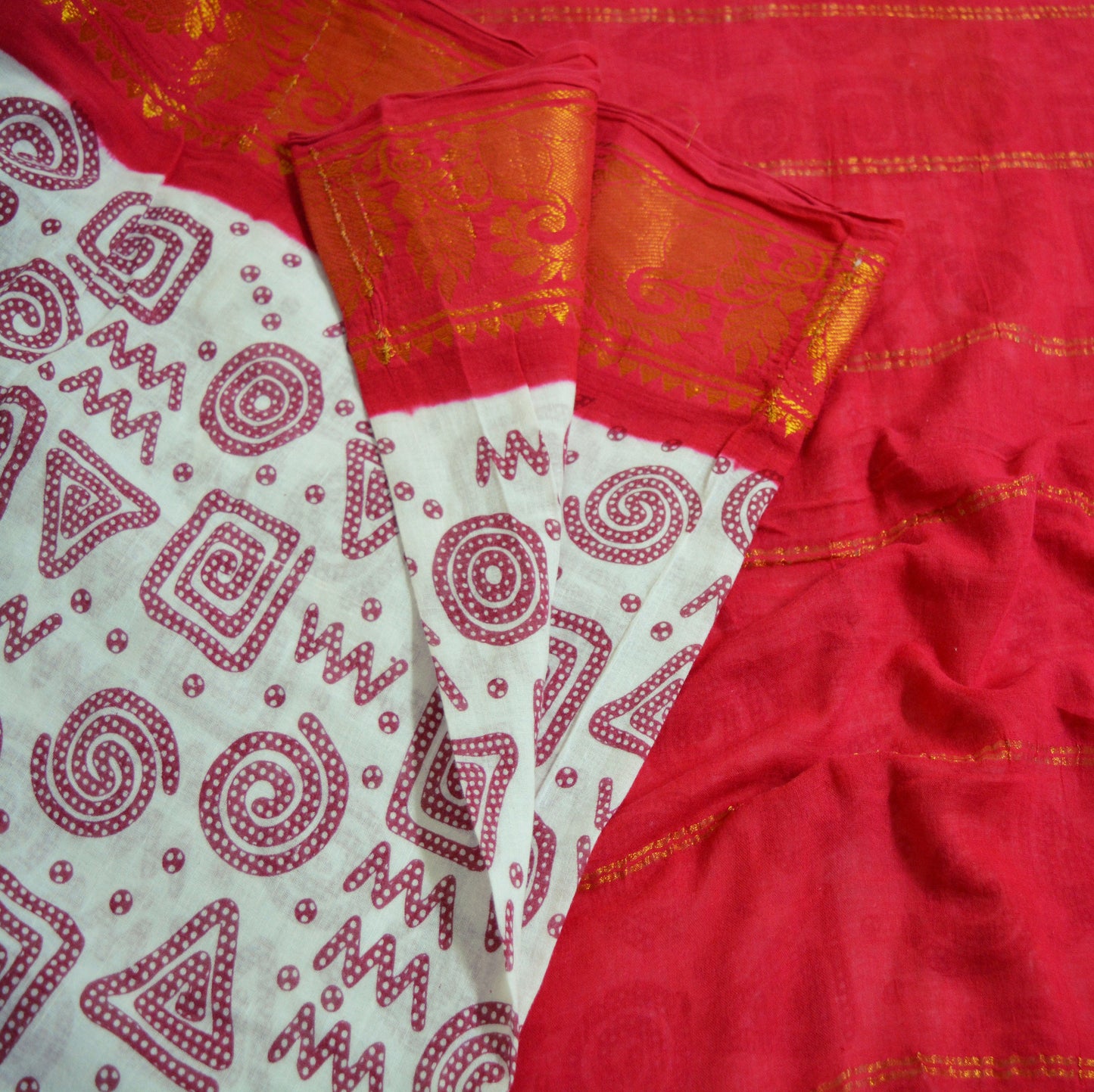 Indian Vintage Sari Red & White Printed 100% Pure Cotton Saree Craft Soft Fabric 5Yard Sewing Sarong Boho Geometric