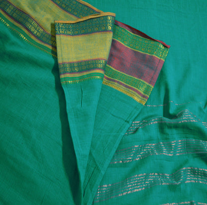 Vintage Sari Green Pure Cotton Hand Woven Saree Zari 6Yard Soft Floral Ethnic Fringes