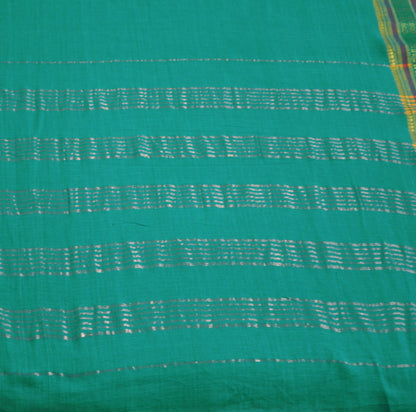 Vintage Sari Green Pure Cotton Hand Woven Saree Zari 6Yard Soft Floral Ethnic Fringes