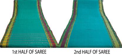 Vintage Sari Green Pure Cotton Hand Woven Saree Zari 6Yard Soft Floral Ethnic Fringes