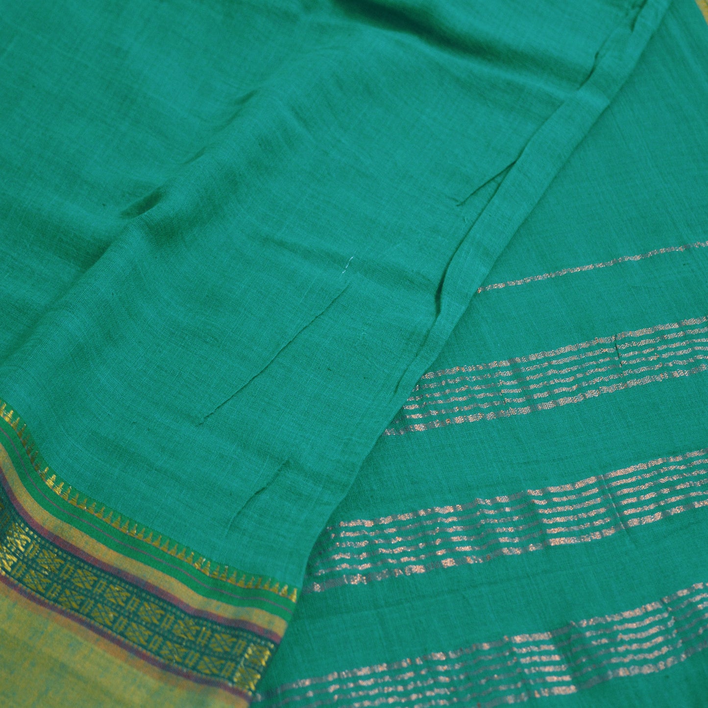 Vintage Sari Green Pure Cotton Hand Woven Saree Zari 6Yard Soft Floral Ethnic Fringes