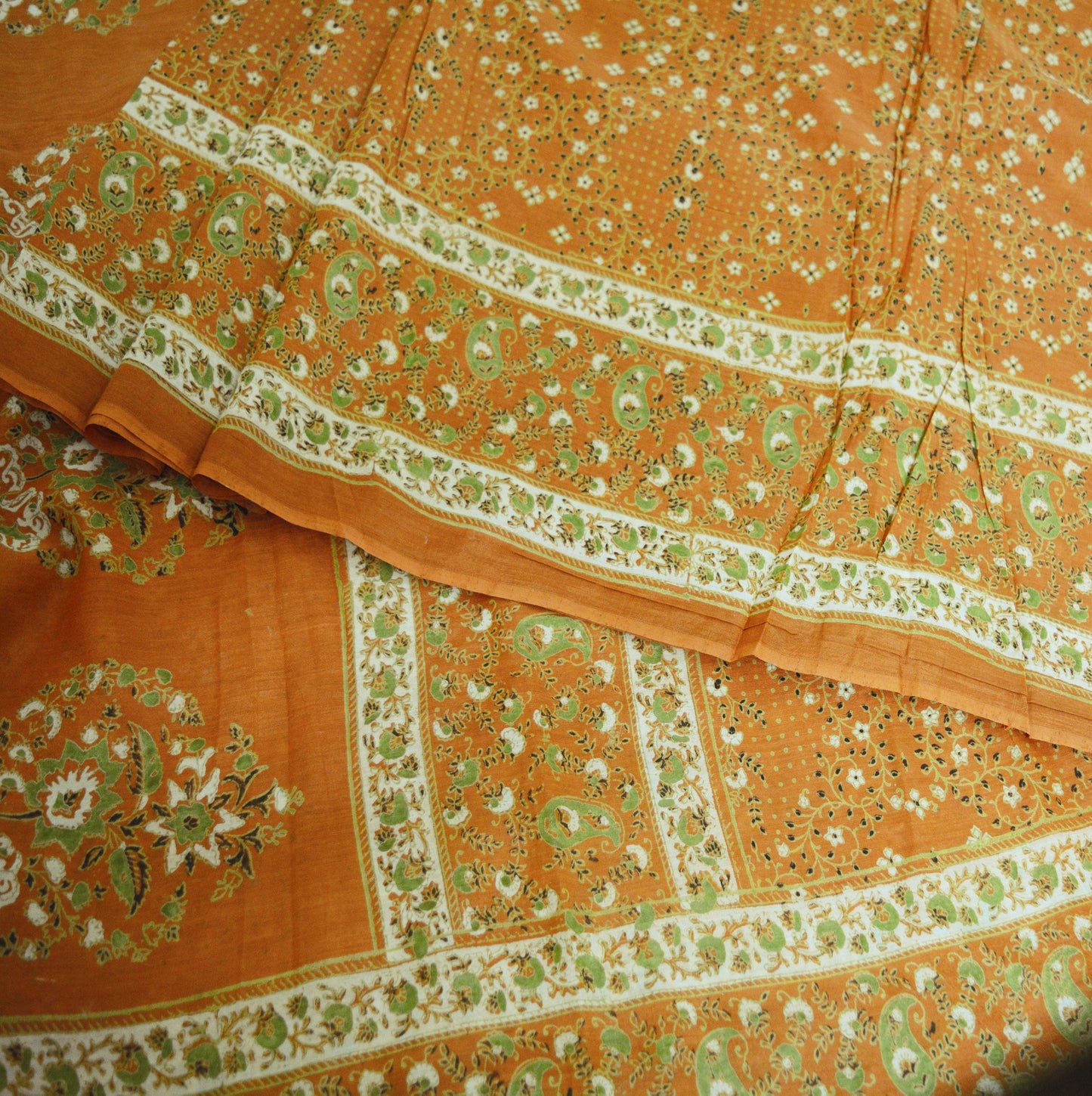 Indian Vintage Sari Saffron Pure Cotton Printed Saree Craft Soft Fabric 5Yard Sewing Sarong Wrap Paisley