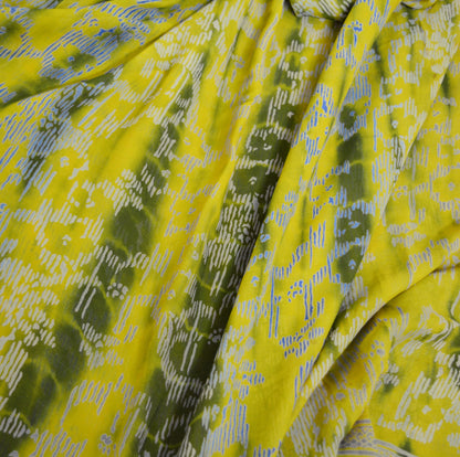 Indian Vintage Sari Green & Yellow Pure Chiffon Silk Leheria Printed Sarees Sewing 5yd Soft Craft Fabric Stripes Wrap Boho