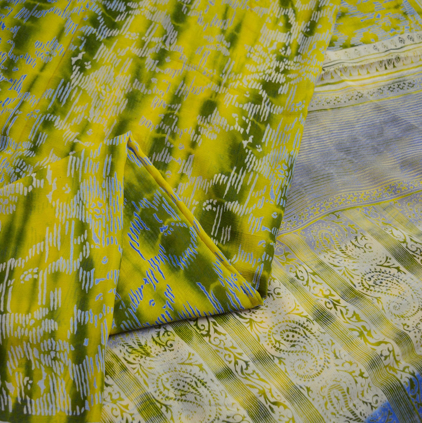 Indian Vintage Sari Green & Yellow Pure Chiffon Silk Leheria Printed Sarees Sewing 5yd Soft Craft Fabric Stripes Wrap Boho