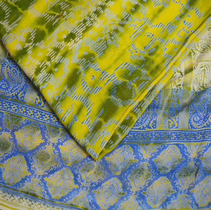 Indian Vintage Sari Green & Yellow Pure Chiffon Silk Leheria Printed Sarees Sewing 5yd Soft Craft Fabric Stripes Wrap Boho