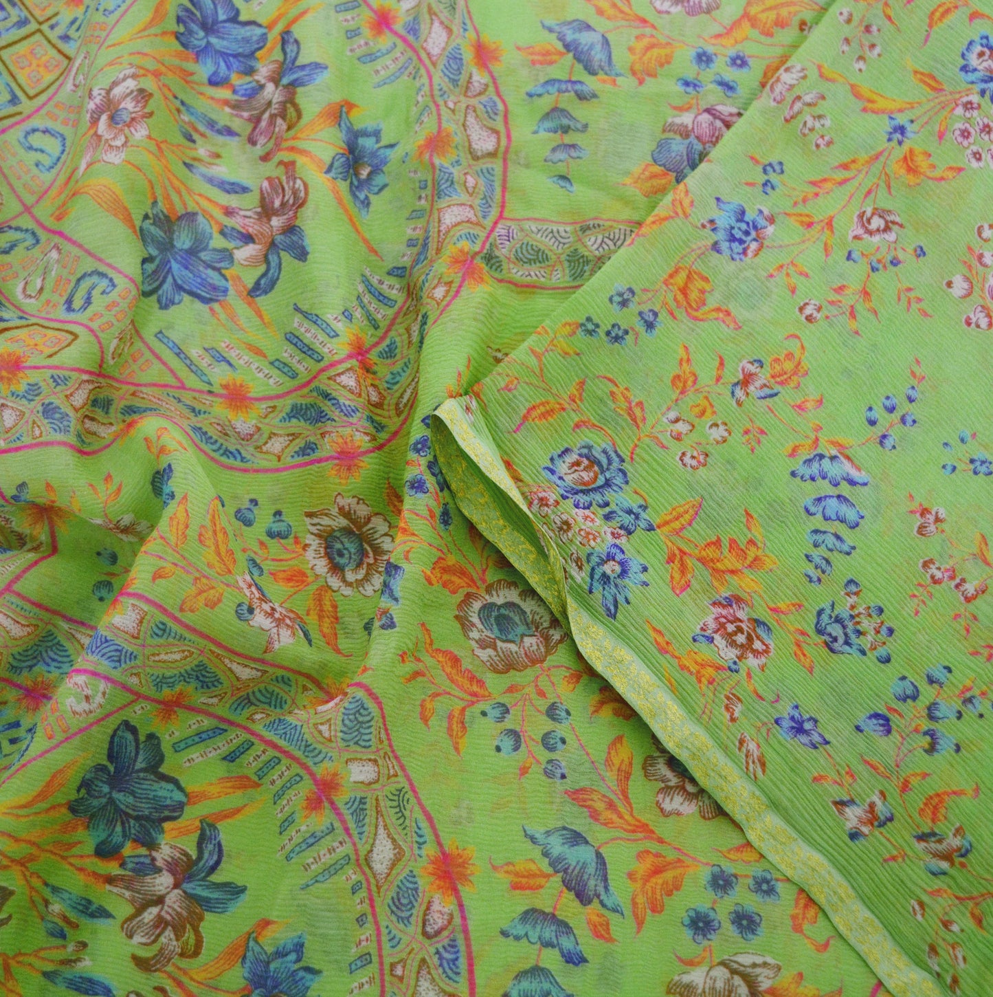 Indian Vintage Sari Green Pure Chiffon Silk Printed Sarees 6Yd Craft Fabric Sewing Soft Light Sari Dress Making Floral