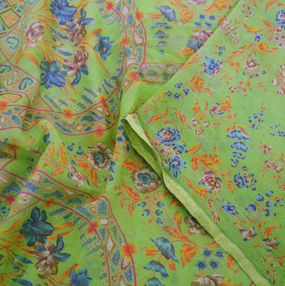 Indian Vintage Sari Green Pure Chiffon Silk Printed Sarees 6Yd Craft Fabric Sewing Soft Light Sari Dress Making Floral