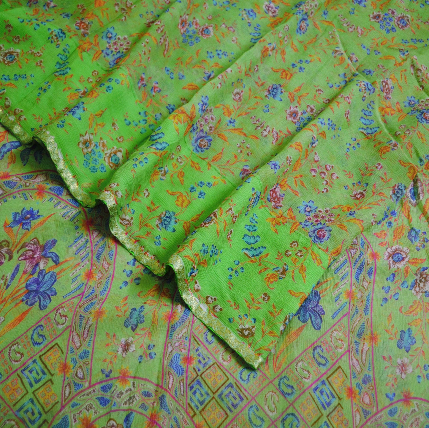 Indian Vintage Sari Green Pure Chiffon Silk Printed Sarees 6Yd Craft Fabric Sewing Soft Light Sari Dress Making Floral