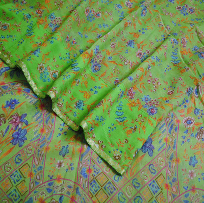 Indian Vintage Sari Green Pure Chiffon Silk Printed Sarees 6Yd Craft Fabric Sewing Soft Light Sari Dress Making Floral