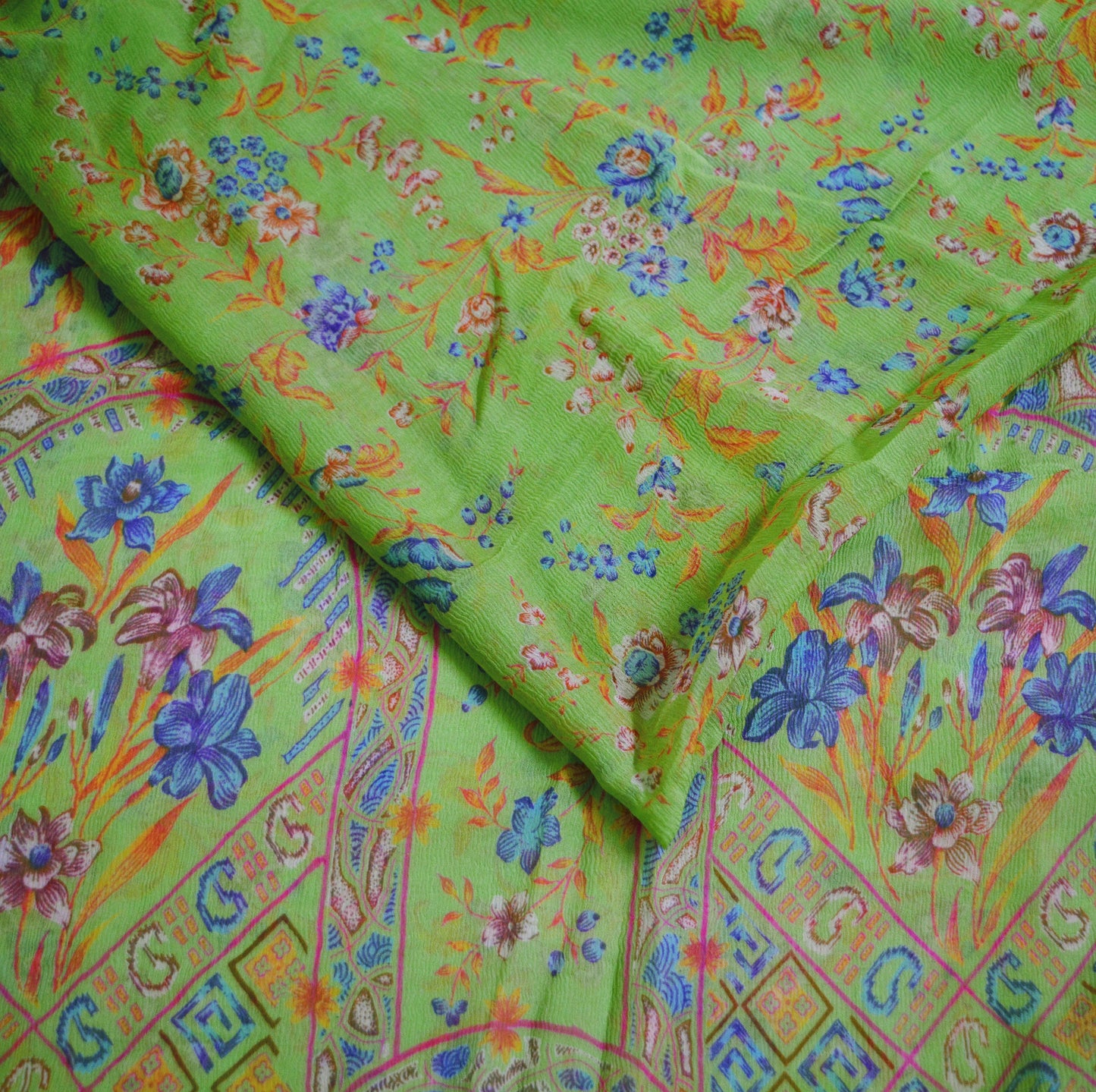 Indian Vintage Sari Green Pure Chiffon Silk Printed Sarees 6Yd Craft Fabric Sewing Soft Light Sari Dress Making Floral