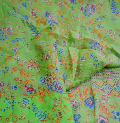 Indian Vintage Sari Green Pure Chiffon Silk Printed Sarees 6Yd Craft Fabric Sewing Soft Light Sari Dress Making Floral