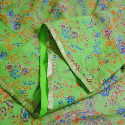 Indian Vintage Sari Green Pure Chiffon Silk Printed Sarees 6Yd Craft Fabric Sewing Soft Light Sari Dress Making Floral