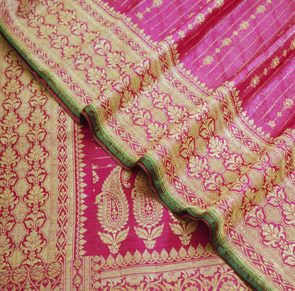 Indian Vintage Sari Magenta Art Silk Purple Woven Banarasi Brocade Saree Ethnic Golden Zari 5Yd