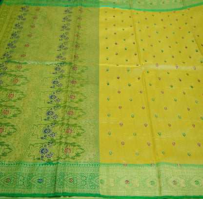 Indian Vintage Sari Beige & Green Art Silk Purple Woven Banarasi Brocade Saree Ethnic Golden Zari 5Yd