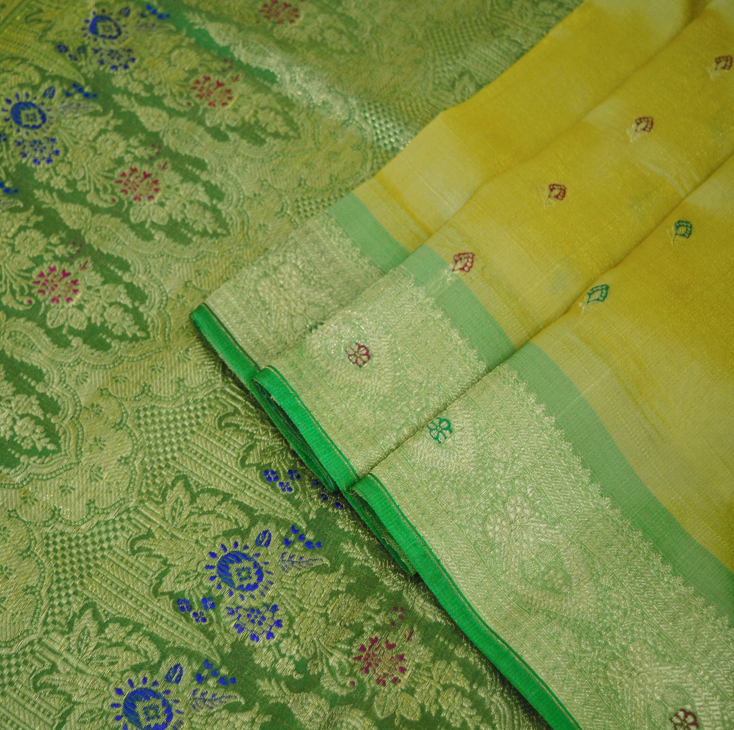 Indian Vintage Sari Beige & Green Art Silk Purple Woven Banarasi Brocade Saree Ethnic Golden Zari 5Yd