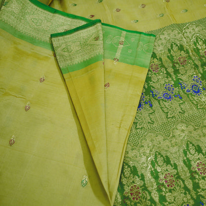 Indian Vintage Sari Beige & Green Art Silk Purple Woven Banarasi Brocade Saree Ethnic Golden Zari 5Yd