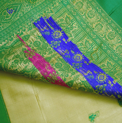 Indian Vintage Sari Beige & Green Art Silk Purple Woven Banarasi Brocade Saree Ethnic Golden Zari 5Yd