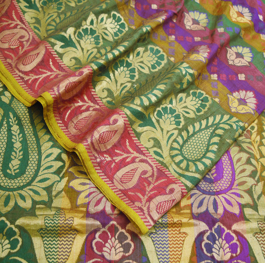 Vintage Sari Multi Hand Woven Art Silk Saree Metallic Golden Zari 5Yard Floral