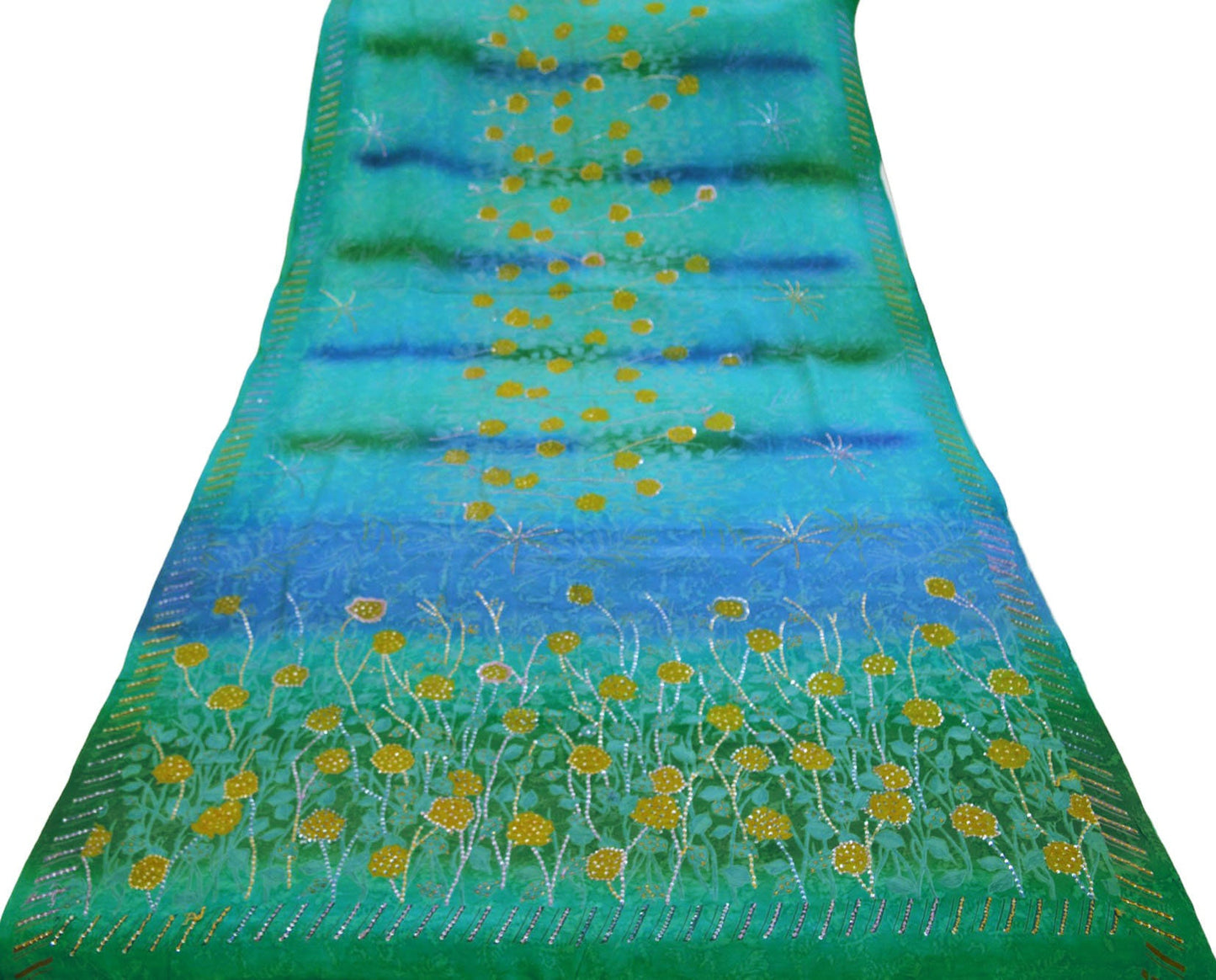 Indian Vintage Sari Blue Pure Crepe Silk Hand Embroidered Saree 5yard Sewing Floral Craft Sequins