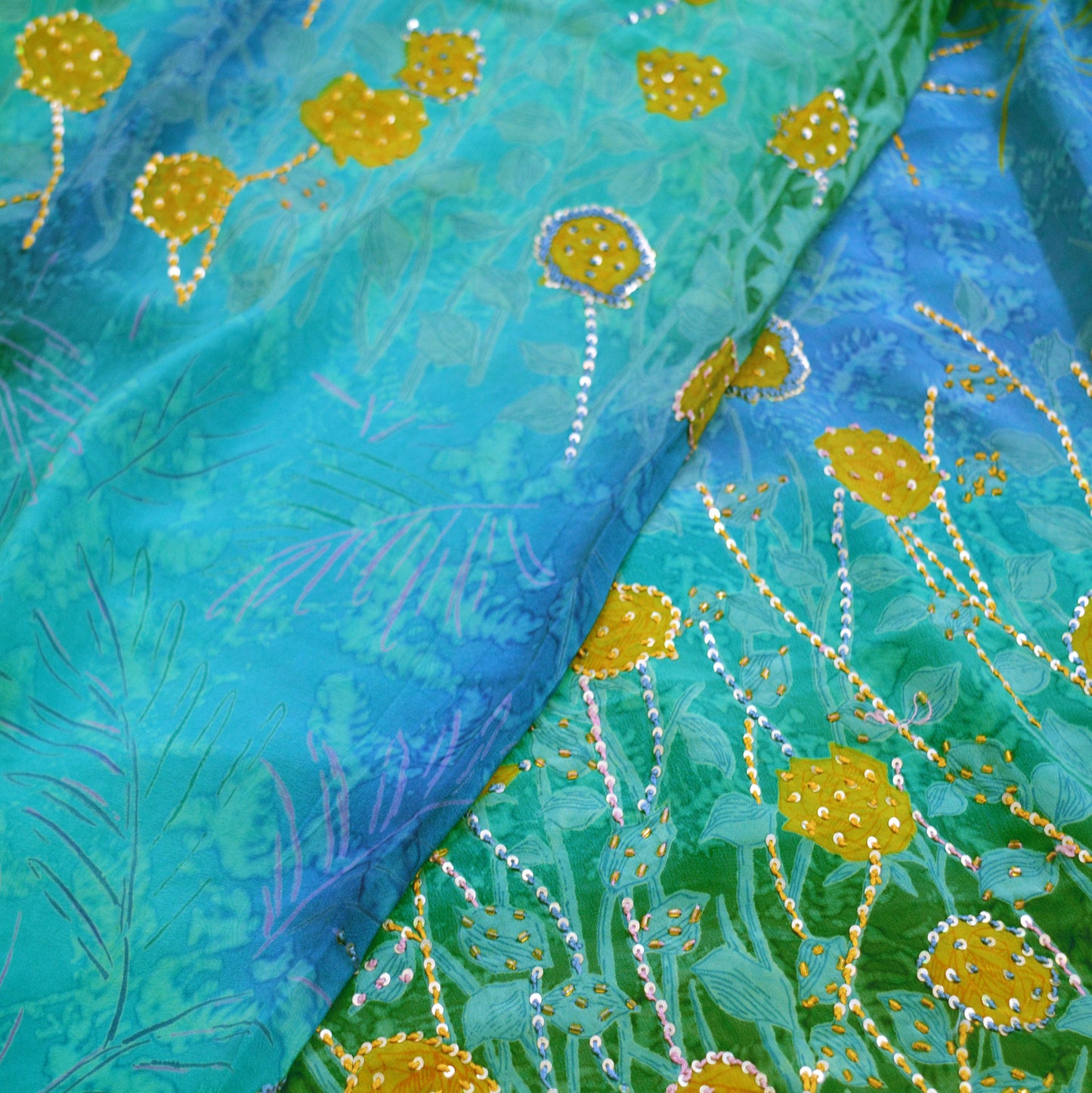 Indian Vintage Sari Blue Pure Crepe Silk Hand Embroidered Saree 5yard Sewing Floral Craft Sequins
