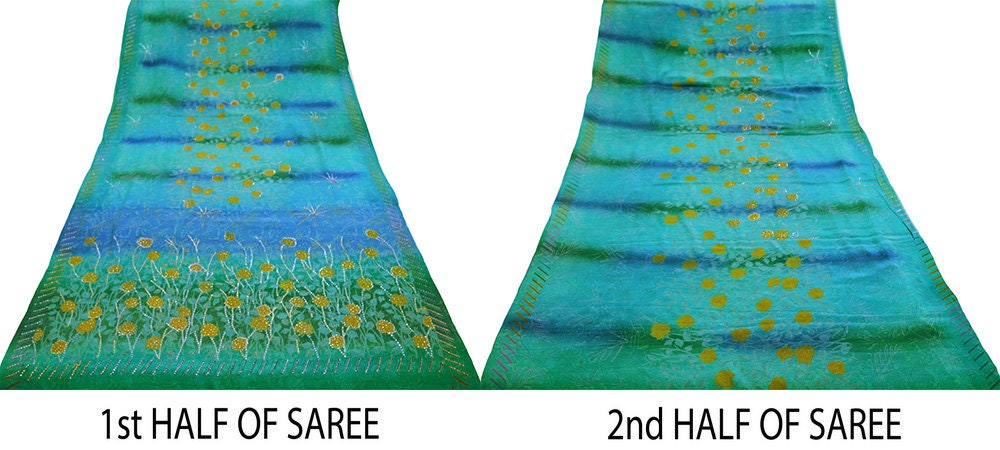 Indian Vintage Sari Blue Pure Crepe Silk Hand Embroidered Saree 5yard Sewing Floral Craft Sequins