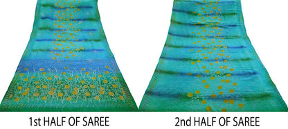 Indian Vintage Sari Blue Pure Crepe Silk Hand Embroidered Saree 5yard Sewing Floral Craft Sequins