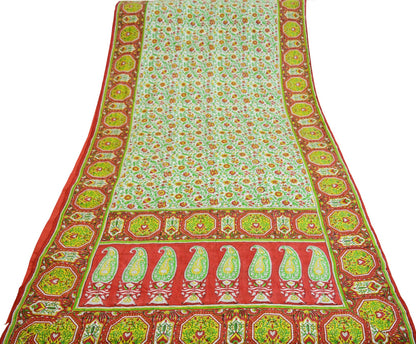 Indian Vintage Sari Ivory & Red Pure Silk Printed Saree 5yd Sewing Craft Fabric DressMaking Soft Wrap Upcycle Used Quilting