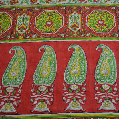 Indian Vintage Sari Ivory & Red Pure Silk Printed Saree 5yd Sewing Craft Fabric DressMaking Soft Wrap Upcycle Used Quilting