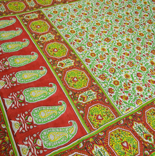 Indian Vintage Sari Ivory & Red Pure Silk Printed Saree 5yd Sewing Craft Fabric DressMaking Soft Wrap Upcycle Used Quilting