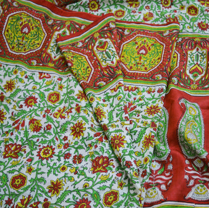 Indian Vintage Sari Ivory & Red Pure Silk Printed Saree 5yd Sewing Craft Fabric DressMaking Soft Wrap Upcycle Used Quilting