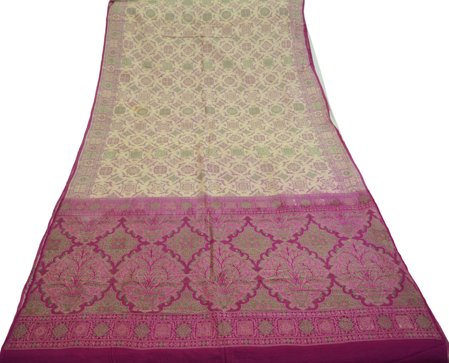 Indian Vintage Sari Ivory & Purple 100% Pure Silk Hand Woven Saree Fabric 6Yard Silk Sari Ethnic Floral Ethnic
