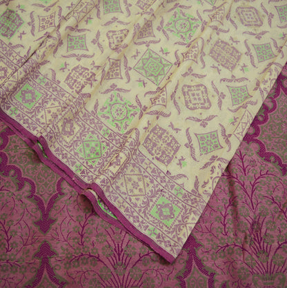 Indian Vintage Sari Ivory & Purple 100% Pure Silk Hand Woven Saree Fabric 6Yard Silk Sari Ethnic Floral Ethnic