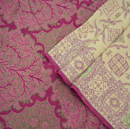Indian Vintage Sari Ivory & Purple 100% Pure Silk Hand Woven Saree Fabric 6Yard Silk Sari Ethnic Floral Ethnic