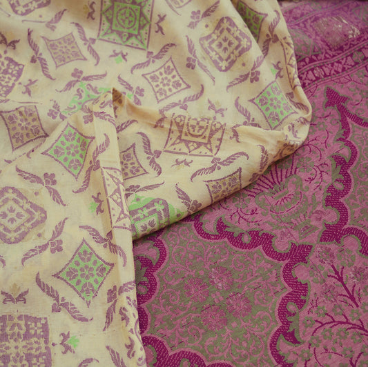 Indian Vintage Sari Ivory & Purple 100% Pure Silk Hand Woven Saree Fabric 6Yard Silk Sari Ethnic Floral Ethnic