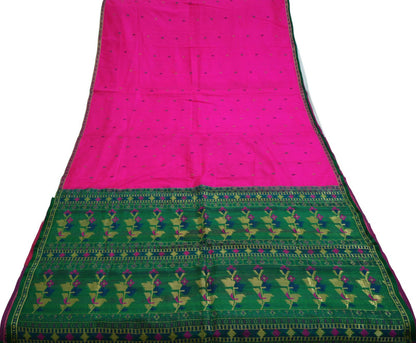 Vintage Green & Pink Hand Woven Saree 100% Pure Silk Indian Sari Metallic Golden Zari 5Yard Floral Design