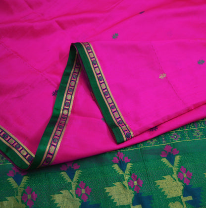 Vintage Green & Pink Hand Woven Saree 100% Pure Silk Indian Sari Metallic Golden Zari 5Yard Floral Design